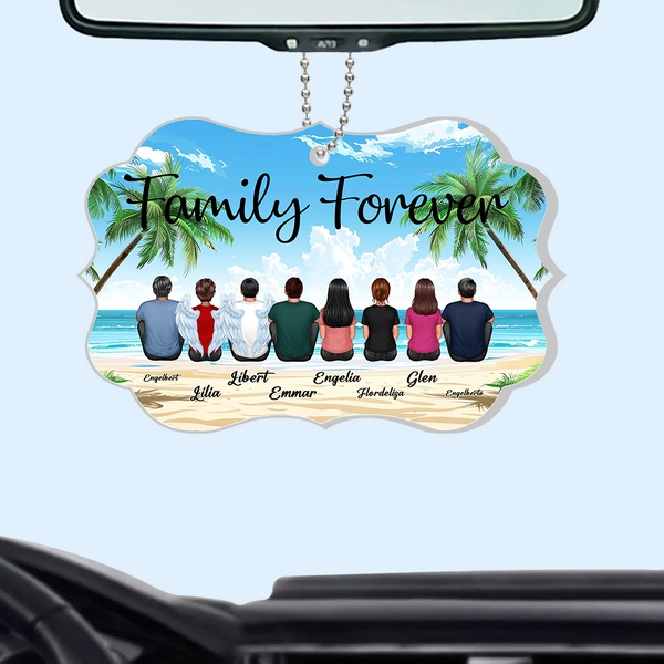 "Beach Landscape Family Sitting Back View Acrylic Or Wooden Car Hanger, Perfect Gift for Father's Day, for Dad or Grandpa"