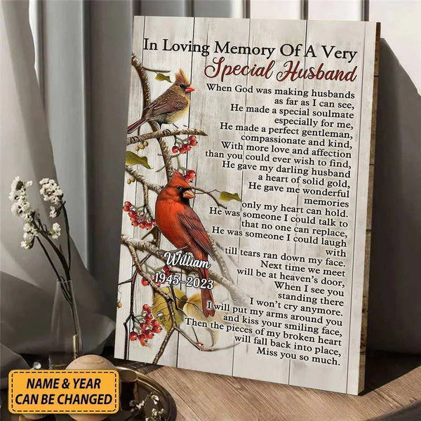 Eternal Love - 'In Memory of a Special Husband' Cardinal Birds Personalized Heaven Canvas or Poster