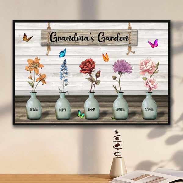 Grandma‘s Garden Birth Month Flowers Pots Personalized Horizontal Poster, Mother's Day Gift For Grandma, Mom, Auntie